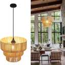 12'' Natural Rattan Chandelier -Small Farmhouse Boho Style with E27 Bulb, 120V Pendant Light, Fandelier, Hanging Lamp, Wicker Pendant Lamps for Dining Room/Kitchen/Bedroom/Living Room/Island