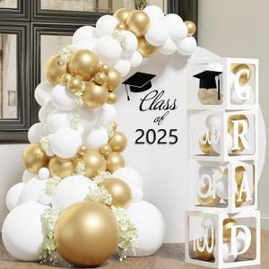 Graduation Decorations 2025,4 Pcs Transparent Balloon Boxes with Letters of GRAD,PROUD OF YOU,Class of 2025 and 118pcs White Gold Balloons Arch for High School College 2025 Grad Party Supplies