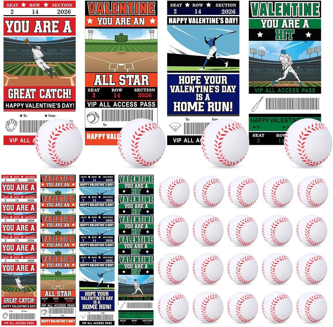 Realspring 24 Set Baseball Valentines Day Cards Gifts for Kids Classroom 24 Pcs Mini Foam Stress Baseball and 24 Pcs Class Exchange Card for Valentines Goodie Bag Stuffer School Sport Party Favors