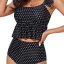 Dokotoo Two Piece Tankini Swimsuits for Women 2026 Square Neck Ruffle Cap Sleeve Bathing Suits Striped Swim Suits (Black, XXL)