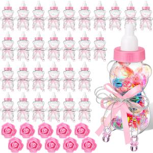 48 Pcs 4.7 Inches Baby Shower Bear Bottles Bulk Mini Clear Milk Plastic Bear Candy Bottles with Ribbon Artificial Roses for Baby Shower Favor Gift Newborn Party Decor(Pink)