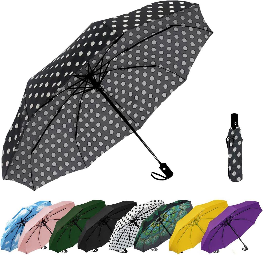 SIEPASA Windproof Travel Compact Umbrella-Automatic Umbrellas for Rain- Folding Umbrella, Travel Compact Umbrella.(Black Polka Dots) (42 Inch-1 Pack)
