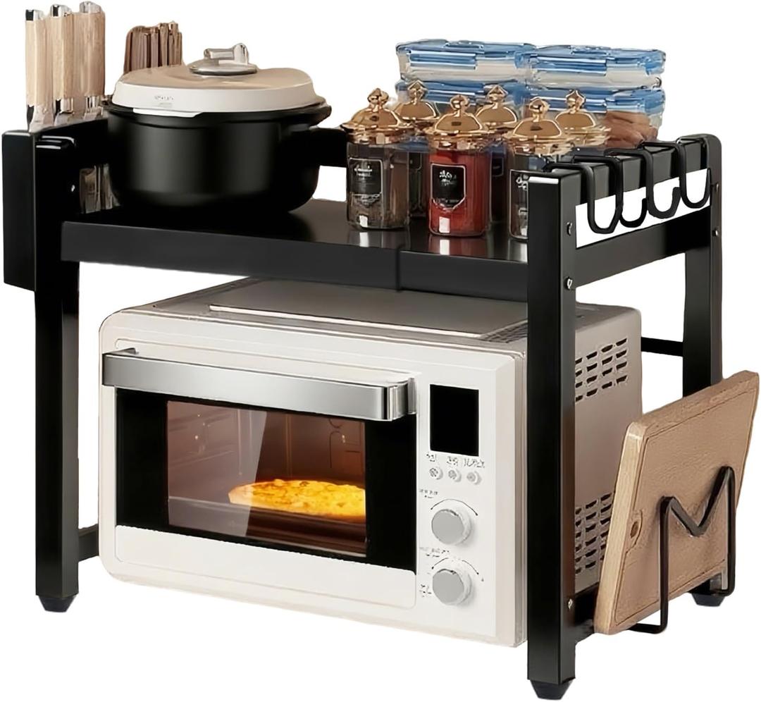 Adjustable Microwave Oven Rack, Microwave Stand Shelf Heavy Duty 2-Tier Shelf with Cutting Boards Stand Knife Rack and Chopstick Holder for Kitchen Shelves Counter Top Organizer, Holds 55lbs,6 Hooks