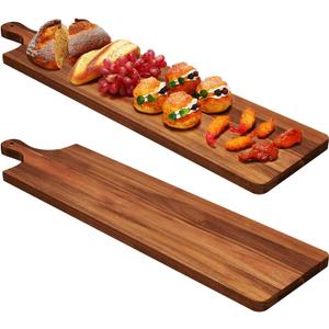 Bokon 2 Pcs 23 x 7 Inch Acacia Wooden Charcuterie Boards Acacia Serving Board with Handle Rectangular Acacia Wood Tray Wooden Serving Platter Natural Wood Server for Cheese Food