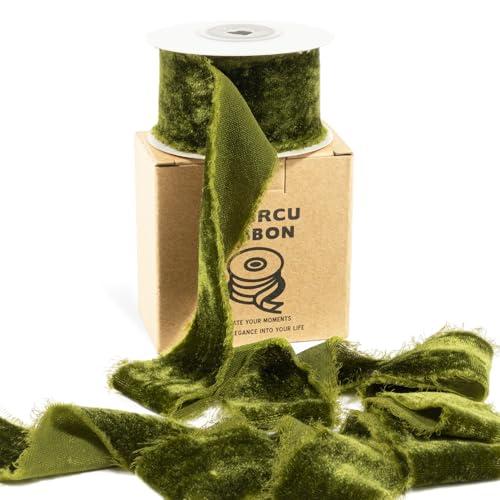 Moss Green Velvet Ribbon 1-1/2 Inch x 5 Yds Handmade Fringe Vintage Olive Green Frayed Velvet Christmas Ribbon for Gift Wrapping Tree Ornament Invitation Bouquet Wreath Bow Craft Wedding Home Decor