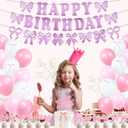 2 x Pre-Strung Pink Bow Birthday Party Decorations, Girl Bow Birthday Decortions, Pink White Balloons, Bows Banner Garland, Bows Cake & Cupcake Toppers and Satin Ribbon for Bow Party Decor