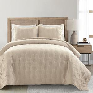Lush Decor Hexagon Honeycomb Embroidered Textured Cotton 3 Piece Quilt Set, Full/Queen, Neutral