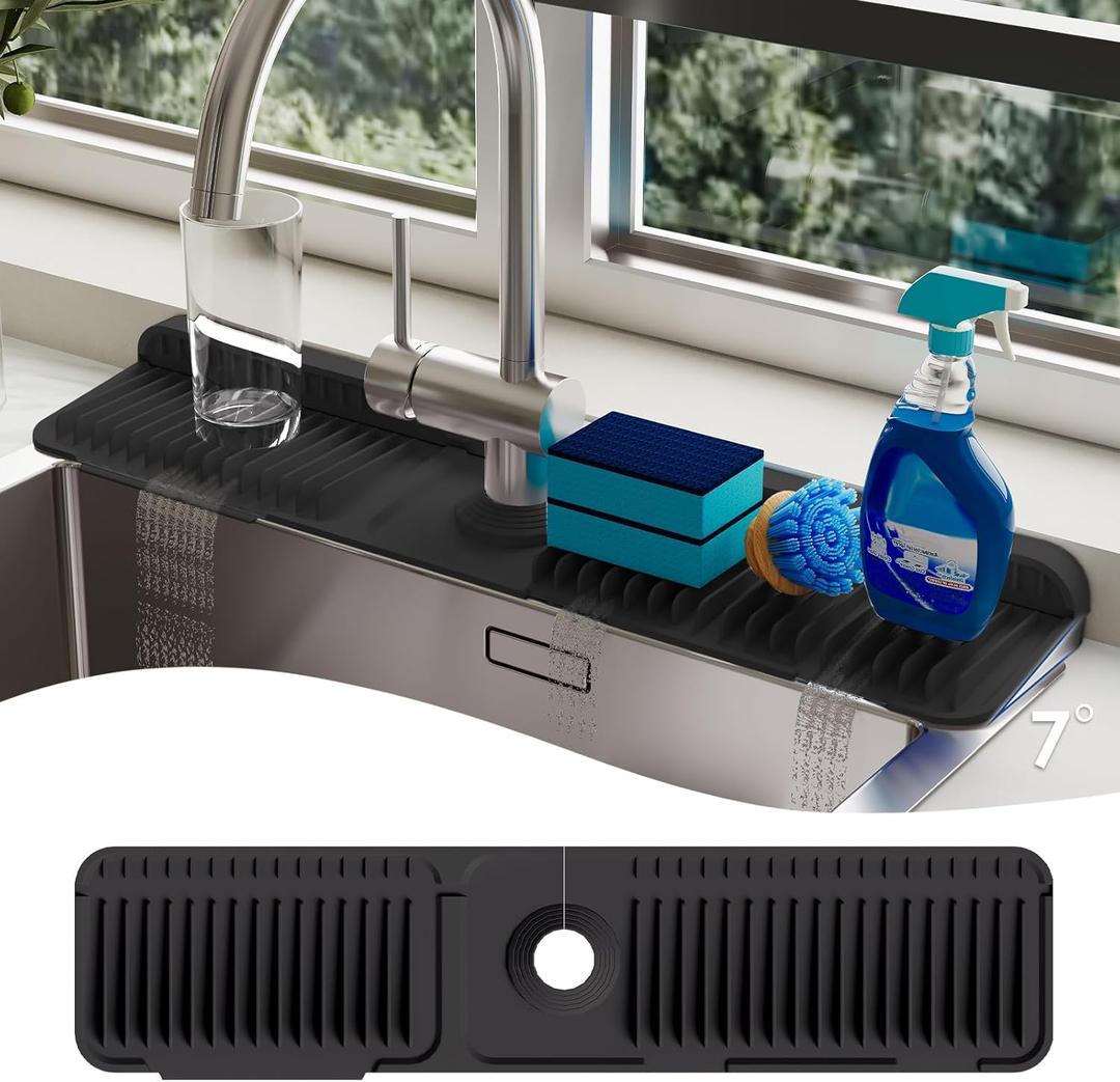 24 Inch Silicone Faucet Mat for Kitchen Sink Splash Guard - 7 Slope Upgraded Water Draining Mat with Fasten Button for Bathroom Area (Black, 24''x5.5'')