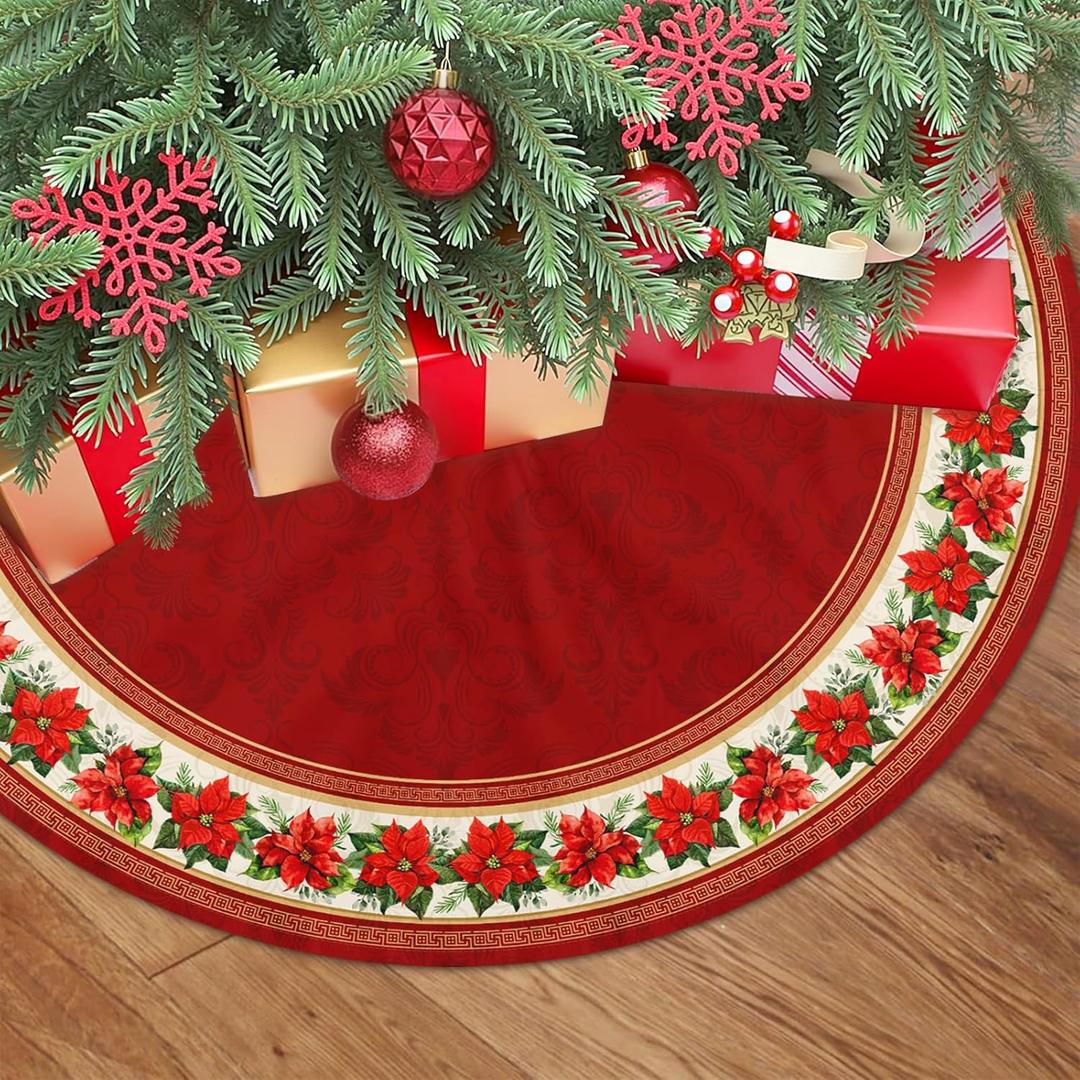 Red Poinsettia Christmas Tree Skirt 36 Inch Xmas Poinsettia Flowers Tree Skirt Winter Red Floral Christmas Tree Mat for Xmas Farmhouse Home Party Holiday Indoor Outdoor Decorations