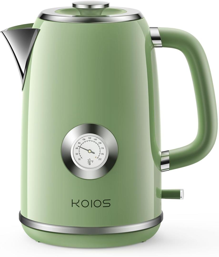 Electric Kettle 1.8L with Temperature Gauge, 1500W Fast Boiling Electric Tea Kettle, 100% Stainless Steel Retro-Style Hot Water Kettle Electric - Glowing LED Light, Auto Shut-Off & Boil-Dry Protection (Green)
