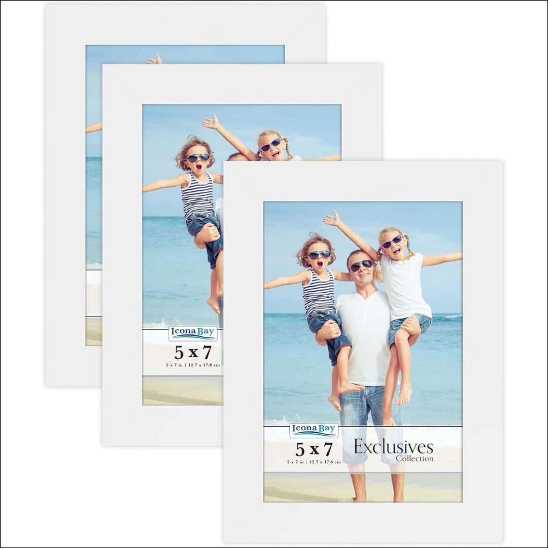 Icona Bay 5x7 Picture Frames (White, 3 Pack), Sturdy Wood Composite Photo Frames 5 x 7, Sleek Design, Table Top or Wall Mount, Exclusives Collection