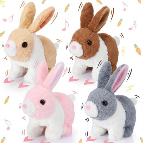 Halloscume 4 Pcs Interactive Bunny Toys for Kids 7" Easter Realistic Hopping Rabbit Plush Stuffed Electronic Walking Barking and Wagging Tail Bunny Toys for Birthday Easter Gift(Short Hair Rabbit)