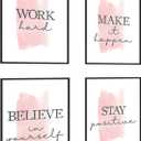 4 pcs Frame Wall Art Stay Positive Make It Happen Motivational Inspirational Quote Pink Canvas Painting Poster Pictures for Teenage Girl Bedroom Decor Office