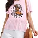 Western Shirts for Women Cowgirl Boots Hat Shirt Vintage Cowgirl Fringe Tops Short Sleeve (Pink, M)