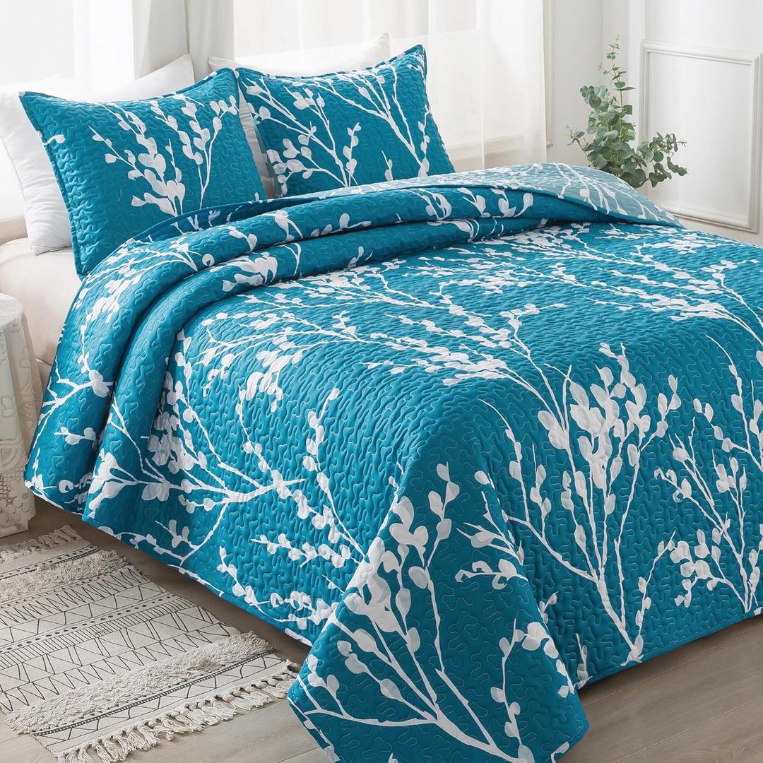 Andency Teal Blue Quilt King Size (106x96 Inch), 3 Pieces Floral Lightweight Bedding Set, Microfiber Reversible Flower Quilted Bedspread Coverlet with 2 Pillowcases for Men Women