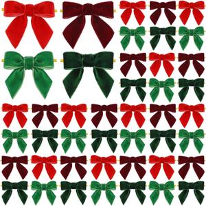 48 Pcs Christmas Velvet Bows 3.15" Rustic Wreath Gift Bows for Tree Pre Tied Bows Premade Gift Bows Velvet Ornament for Wreath Christmas Tree Gift Wrapping Winter Wedding(Red and Green)