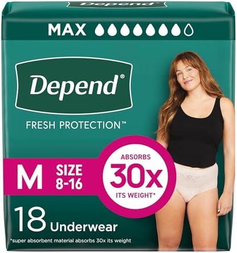 Depend Fresh Protection Adult Incontinence & Postpartum Bladder Leak Underwear for Women, Disposable, Maximum, Medium, Blush, 18 Count, Packaging May Vary, Size 8-16