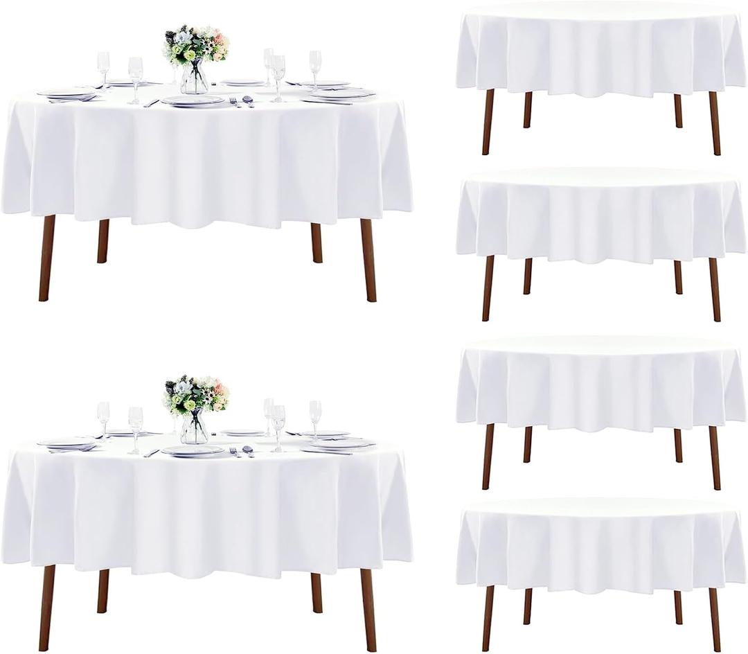 Fokitut 6 Pack Round Tablecloth, 70 Inch, Stain Resistant and Wrinkle Polyester Table Cloth, Fabric Table Cover for Kitchen Dining, Wedding, Party, Holiday Dinner-White