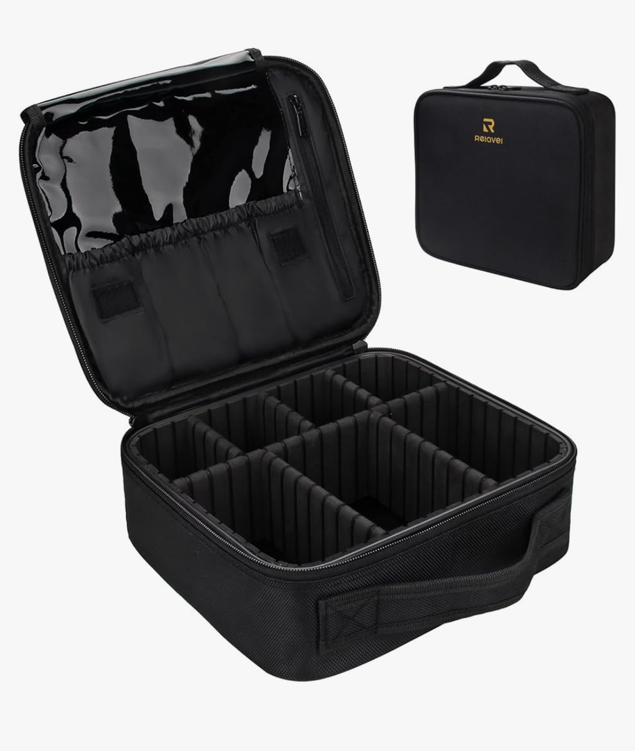 Relavel Travel Makeup Train Case Makeup Cosmetic Case Organizer Portable Artist Storage Bag with Adjustable Dividers for Cosmetics Makeup Brushes Toiletry Jewelry Digital Accessories Black