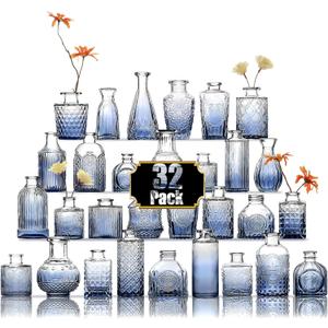 Arme Bud Vases Set of 32, Blue Vase for Centerpieces, Clear Bud Vase in Bulk, Mini Flower Vintage Cute Vases for Centerpieces, Small Glass Vases for Wedding Decor, Home Table Flower Dcor