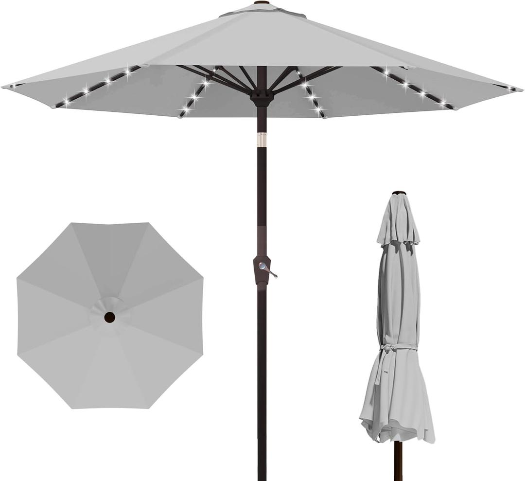 Kingdura 10FT Outdoor Patio Umbrella with Solar Lights, Market Table Umbrella with Push Button Tilt & Crank, 8 Sturdy Ribs, 32 LED Lights, UV Protection for Garden Lawn Deck Backyard Pool (Light grey)