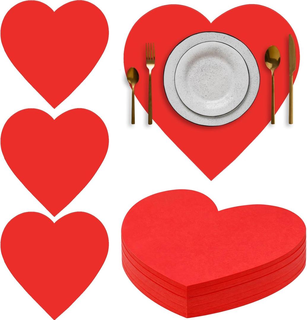 100 Pcs Red Heart Placemats Disposable Paper Table Decorations Indoor Red Heart Shape Placemats for Valentine Mother's Day Wedding Bridal Holiday Birthday Party Kitchen Dinner