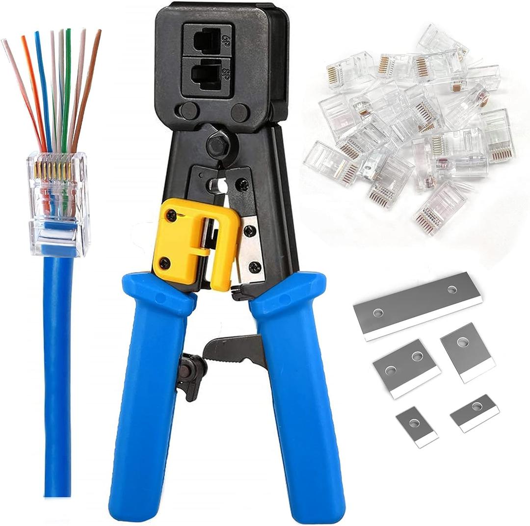 RJ45 Crimping Tool Ethernet Crimper for Cat6 Cat5 Cat5e RJ45 Pass Through Connectors and RJ12 Ends Comes with 20PCS RJ45 Cat6 Connectors and Replacement Blades