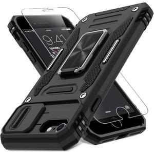 2 x DEERLAMN Case for iPhone SE 2022/2020,for iPhone 8/7 with Slide Camera Cover + Screen Protector,Rotated Ring Kickstand Military Grade Shockproof Protective Cover 4.7 Inch-Black