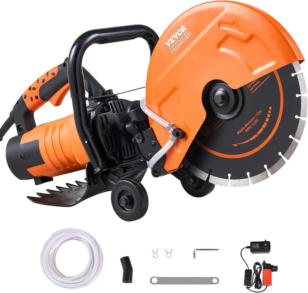 VEVOR Electric Concrete Saw, 12 in, 1800 W Motor Circular Saw Cutter with Max. 4.5 in Adjustable Cutting Depth, Wet Disk Saw Cutter Includes Water Line, Pump and Blade, for Stone, Brick
