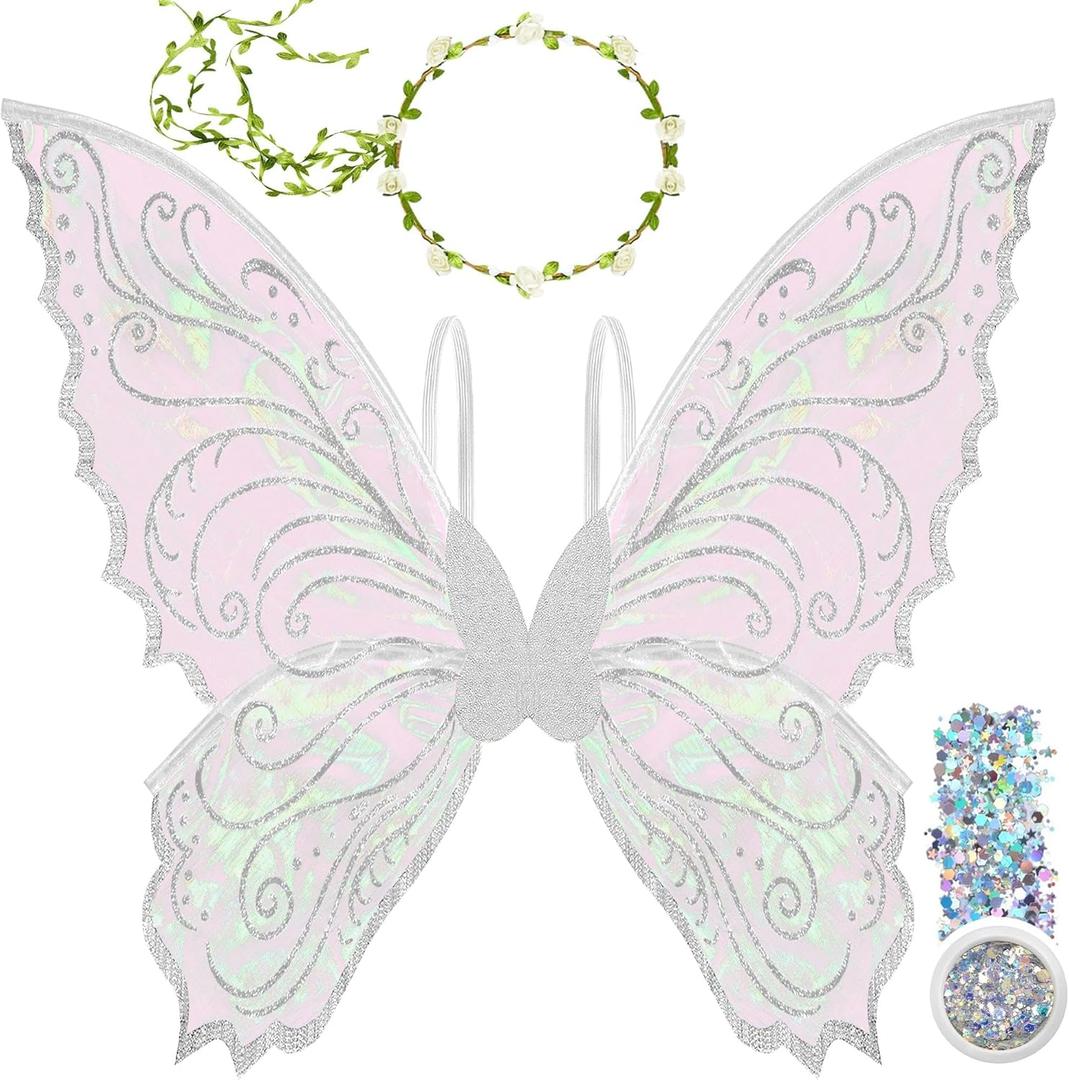 U-Goforst Fairy Wings Adult Women, Fairy Costume for Woman Butterfly Wings for Girls Adult Halloween Costume Cosplay Dress Up (White)