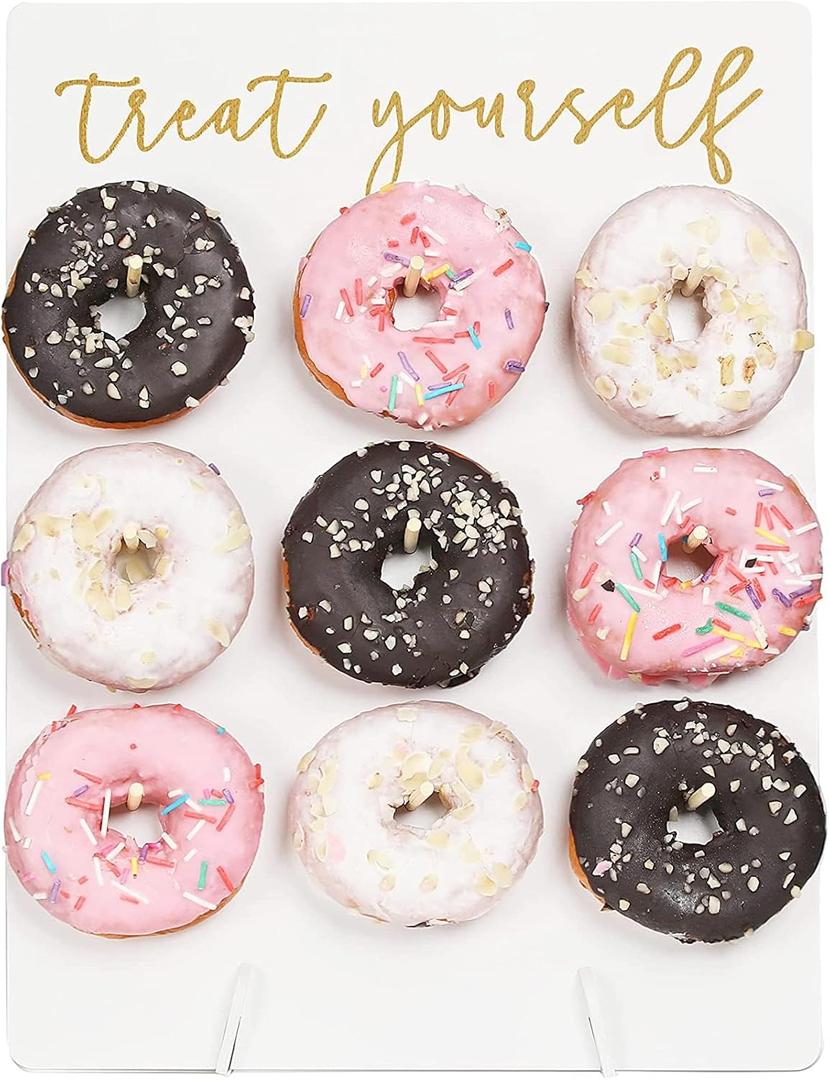 Donut Wall Display Stand Reusable Donut Holder Board Rustic Wood Doughnut Food Buffet Display for Wedding, Baby Shower, Bridal Shower, Birthday Party Treat Yourself Fits 9 Donuts (White)