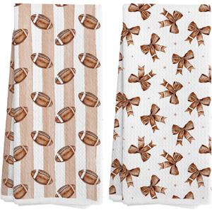 Coquette Brown Football Bow Kitchen Towels 16x24 in Set of 2, Football Gifts for Women Decorative Hand Towels for Bathroom Kitchen, Gifts for Sports Lovers Fan Dish Tea Towel
