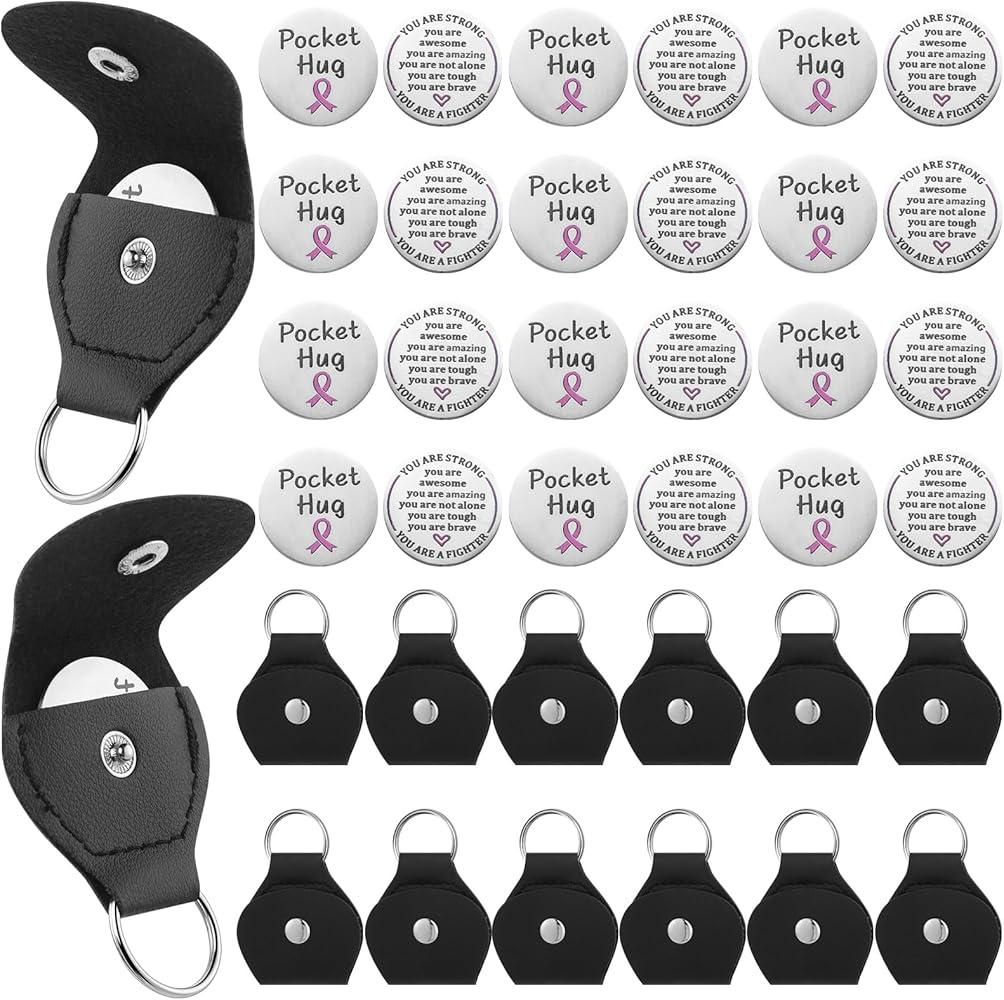 48 Pcs 24 Sets Breast Cancer Pocket Hug Token with Holder Breast Cancer Survivor Gift Stainless Steel Double Sided Coin Patients Must Have Hug Gifts for Men Women