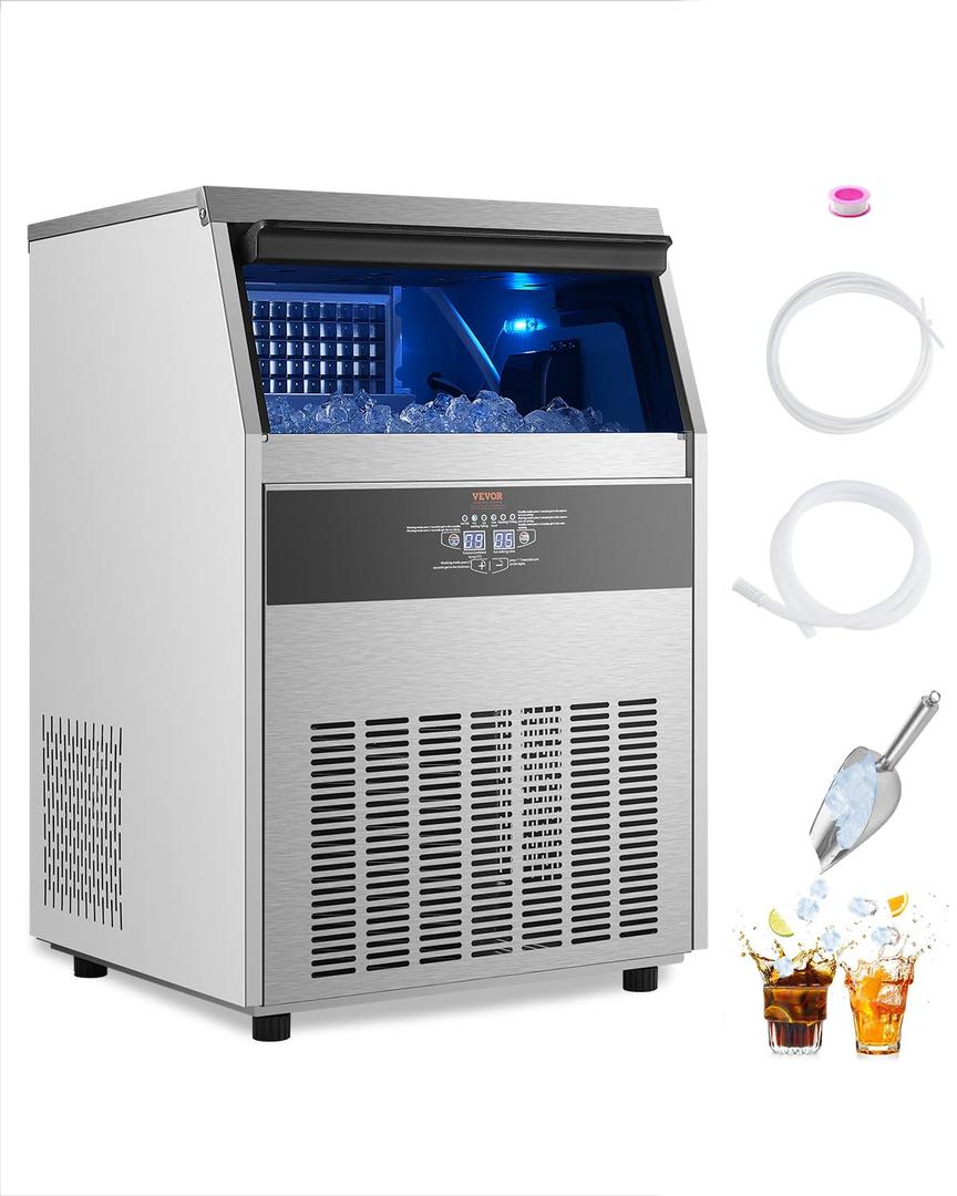 VEVOR Commercial Ice Maker Machine, 160lbs/24H Ice Maker Machine with 66lbs Storage Capacity, 80 Ice Cubes in 15 Minutes, LED Digital Display Freestanding Self-Cleaning for Bar Office Restaurant