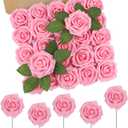 N&T NIETING Artificial Flowers Pink Roses, 50Pcs Fake Flowers Foam Roses with Stems for DIY Wedding Bridesmaid Bridal Bouquets Centerpieces Party Home Decoration Baby Shower