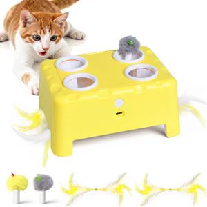Cheese Box Interactive Cat Toy for Indoor Cats, 3-in-1 Whack a Mole Feather Toy, 3 Modes Rechargeable Auto Cat Toys for Bored Cats, 4 Holes Kitten Toy, 4 Accessories (Yellow)