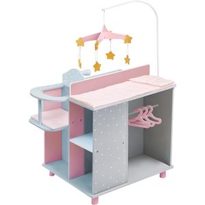 Olivia's Little World 6-in-1 Wooden Baby Doll Changing Station with Crib, Changing Table, High Chair, Double-Door Closet, Sink and Washing Machine, Multicolored (Pink/Grey)