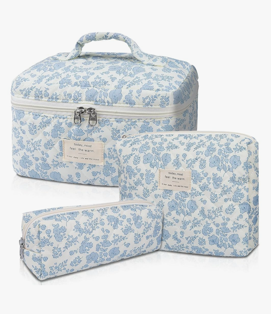 Makeup Bag, Large Quilted Cosmetic Bag, Big Floral Make Up Bag for Women Girls, Cute Cotton Makeup Bag Set, Flower Travel Toiletry Organizer Bag