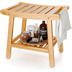 Bamboo Shower Bench for Inside Shower to Sit on,Waterproof Shower Stool for Shaving Legs,Spa Bathroom Shower Chair with Storage Shelf, Bathroom Bench Seat for Senior Adult Disabled Elderly (Large)