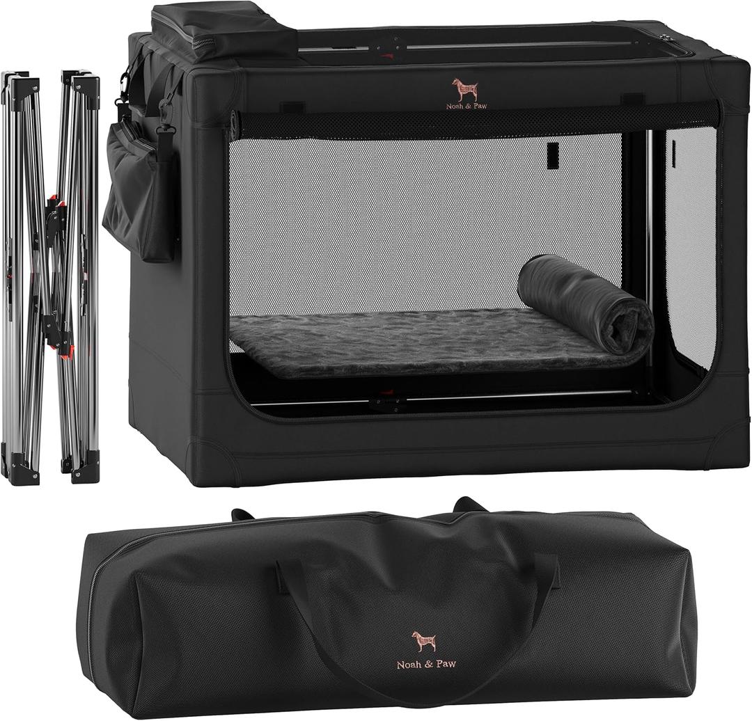 Noah & Paw Collapsible Dog Crate 36 Inches, XL Dog Crate for XL, Large Medium Breed, Travel Kennel for Car, Includes Pet Mat for Pet Cage, 2 Storage Pockets, Handbag, 10mm Locking Zippers 36*25*23 (Black)