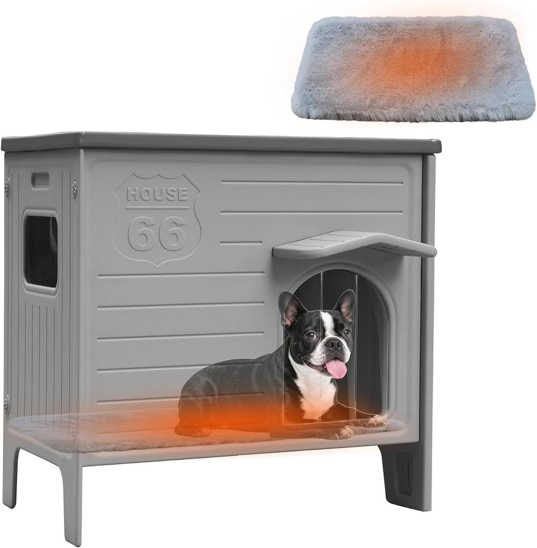 Waterproof Dog House for Outdoor Indoor,Durable Plastic Dog House with Warm Mat Side Window Elevated Floor, Easy to Assemble Easy to Clean((26.7" L x 26.7" W x 21.4" H) - Grey