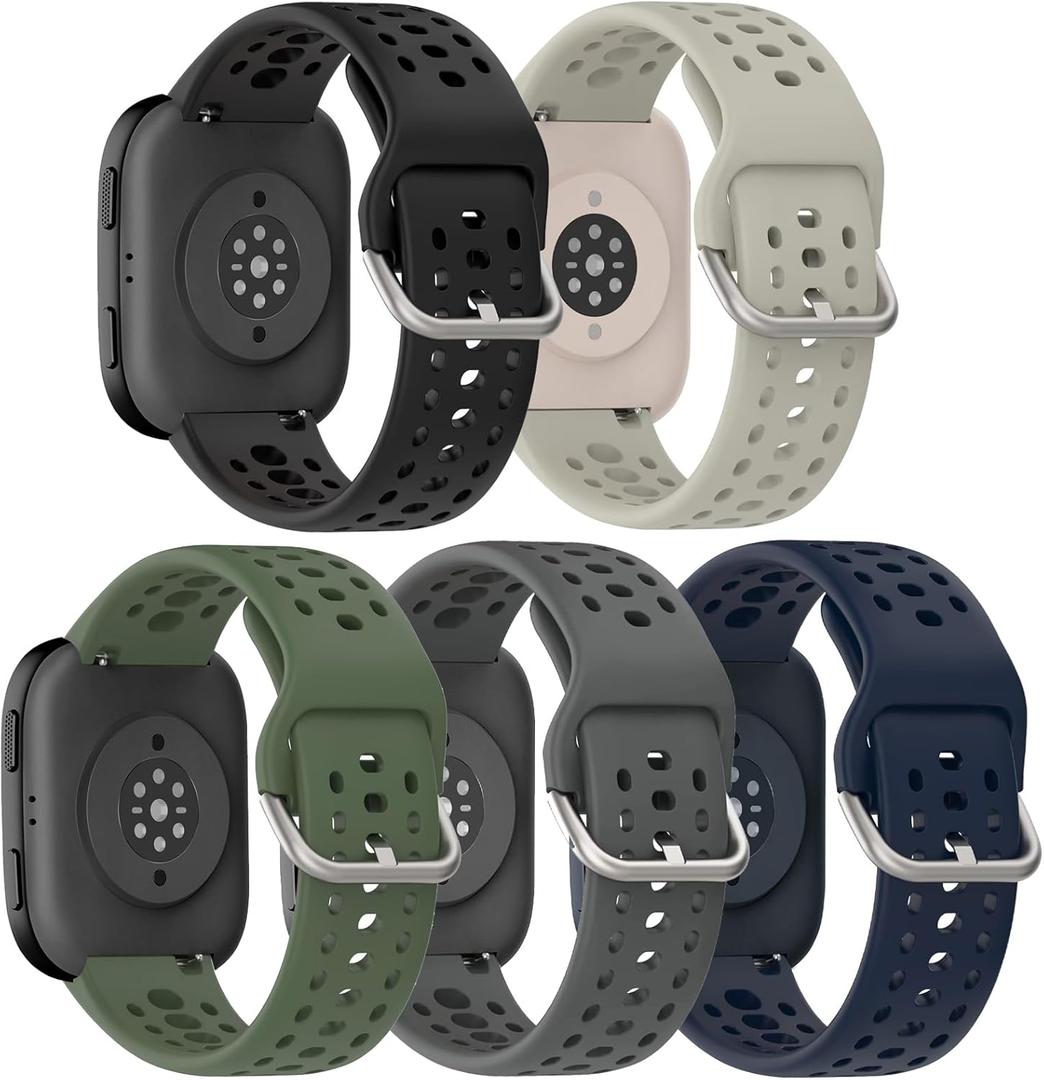 5Pack Silicone Watch Band for Amazfit Bip 6/ Bip 5, Soft Sport Breathable Replacement Wristband Strap for Amazfit GTR 4/3 Pro/3/2/2e/47mm Men Women (Black/Green/Charcoal/Deep Blue/Stone)