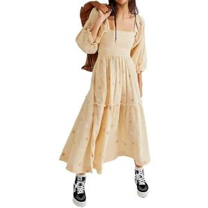 ABYOVRT Women Floral Embroidered Maxi Dress Long Puff Sleeve Square Neck Bohemian Flowy Dress with Pockets Summer Fall, and T-Shirt L