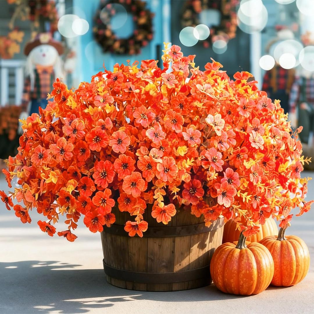 Artificial Fake Mums Flowers for Fall Outdoors Decor, 16 Bundles of Lifelike UV Resistant Orange Silk Daisies Ideal for Porch, Garden, Yard, Planter, Halloween & Thanksgiving Autumn Decoration