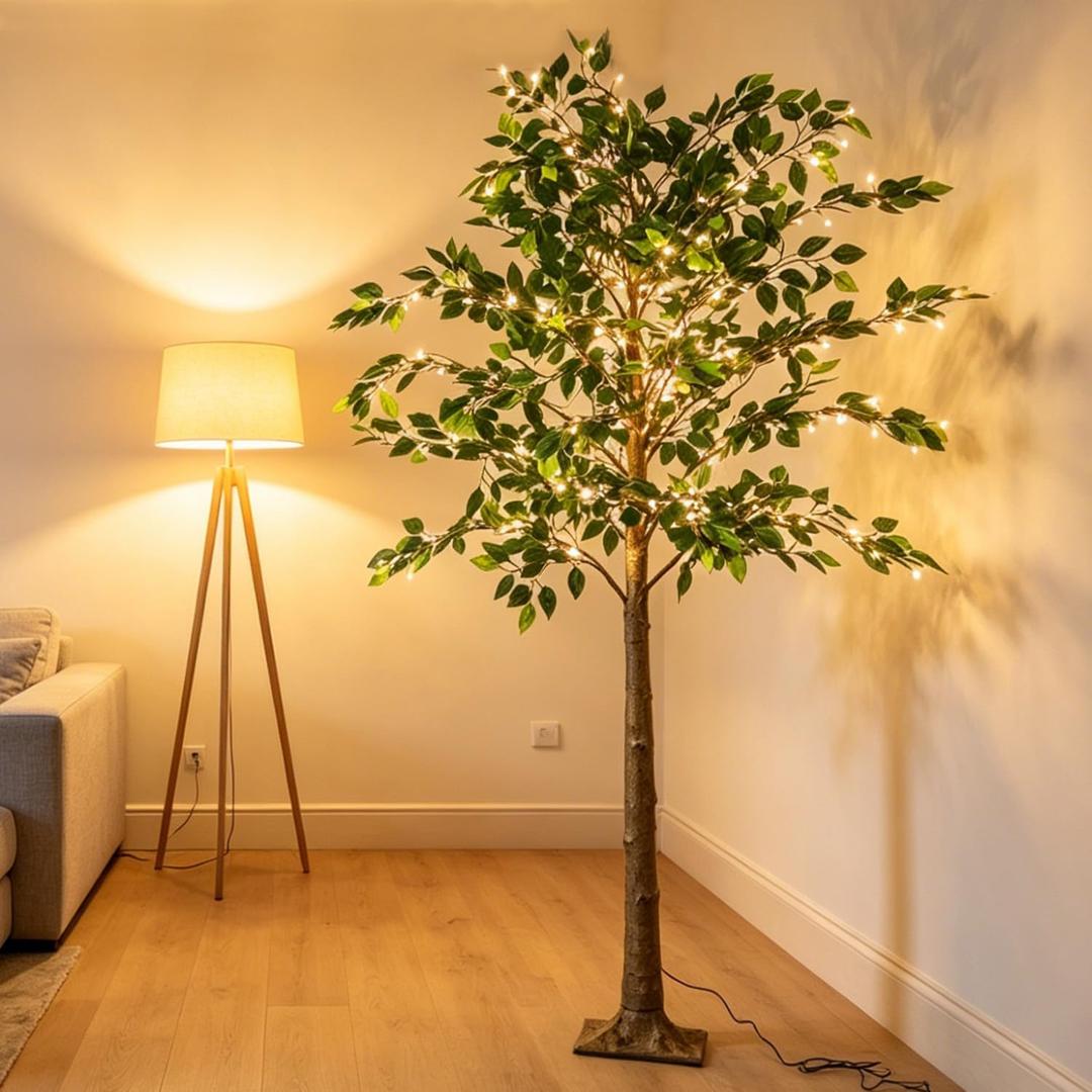 Fudios Artificial Ficus Silk Tree Lights 6FT 264LED for Home Room Spring Summer Decoration Inside
