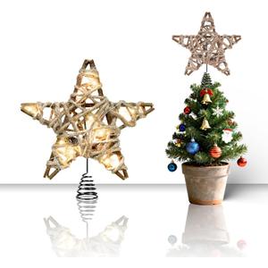 LAWOHO Christmas Tree Topper Retro Woven Star with Lights, Farmhouse Christmas Decor, Mini Rustic 6 Inch Star with 6H Timer, Light Up Christmas Tree Decorations, for Xmas Tree, Holiday, Party