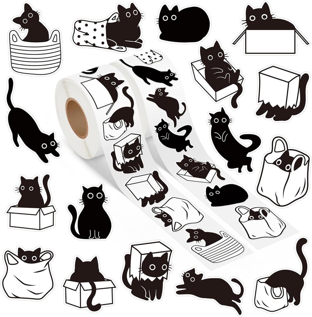 A1diee Black White Cat Stickers - Cute Kawaii Cartoon Cat Waterproof Decals Decorations DIY Gifts for Scrapbooking Water Bottle Reward Birthday Party Favors Windows Luggage, 1000Pcs 16 Patterns