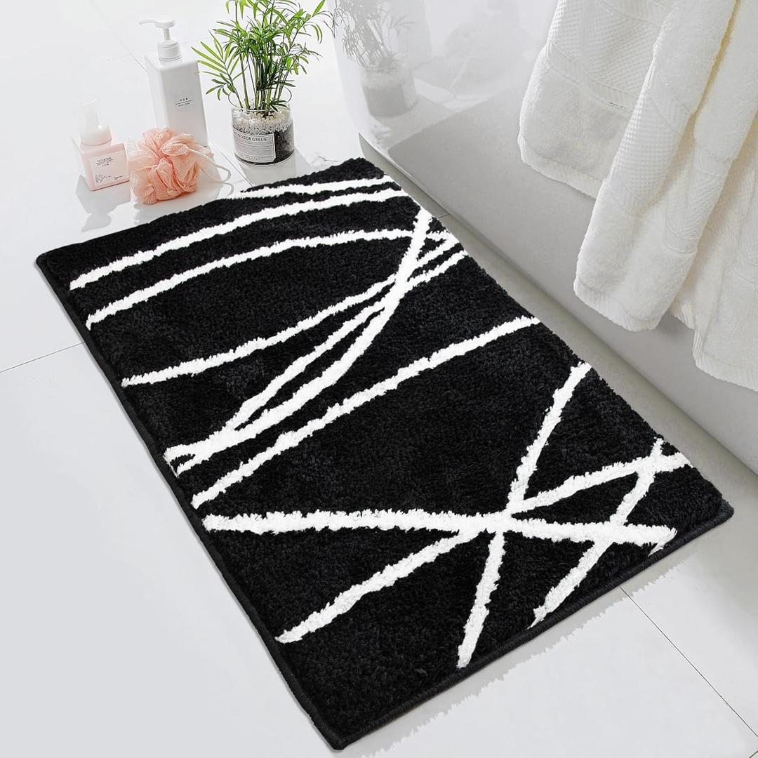 Tititex Luxury Black White Line Bathroom Rug, 24x36 inch Classic Extra Soft and Absorbent Microfiber Bath Rugs, Non-Slip Plush Shaggy Bath Carpet, Bath Mats for Bathroom Floor, Tub and Shower