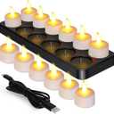 Esup Rechargeable Tea Lights Rechargeable Candles Flameless Flickering Candles Tealights 12pcs/Set with Black Charging Base, Decoration Parties, Weddings, Bar, Family, Dinner Outdoor Picnic