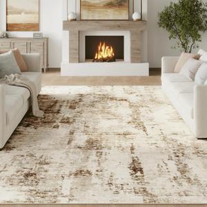 FMFUNCTEX 8x10 Washable Area Rug Brown Beige Neutral Abstract Modern Large Non Slip Carpet for Living Room Bedroom Soft Low Pile Indoor Mat Contemporary Throw Rug for Dining Kitchen Office Nursery